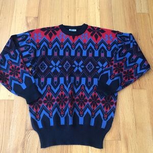 Vintage Meister Sweater Men’s Size Large 80’s Snowflake Geometric Navy Blue Red